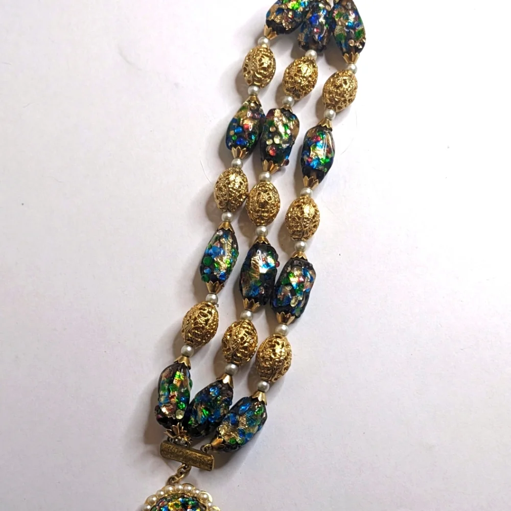 Vintage Napier Signed‎ Beaded Bracelet – Foil Glass & Filigree Beads RARE